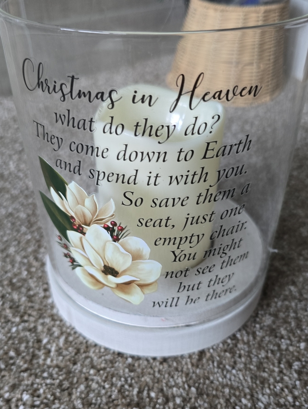 Glass Memorial Candle Holder with White Floral Design